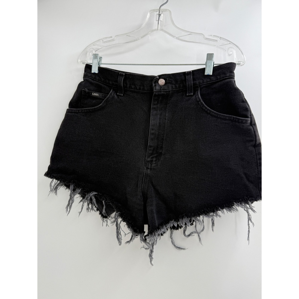 Vintage 90s Lee Black Denim Cutoff Shorts Frayed Raw Hem Size 14 M Made in USA